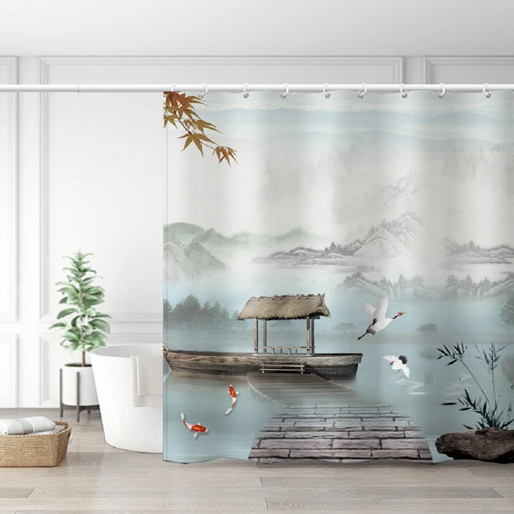 

Ink Draw Painting Scenery Shower Curtain Mountain Mist Lake Bridge White Crane Landscape Pattern Bath Curtains Bathroom Screen