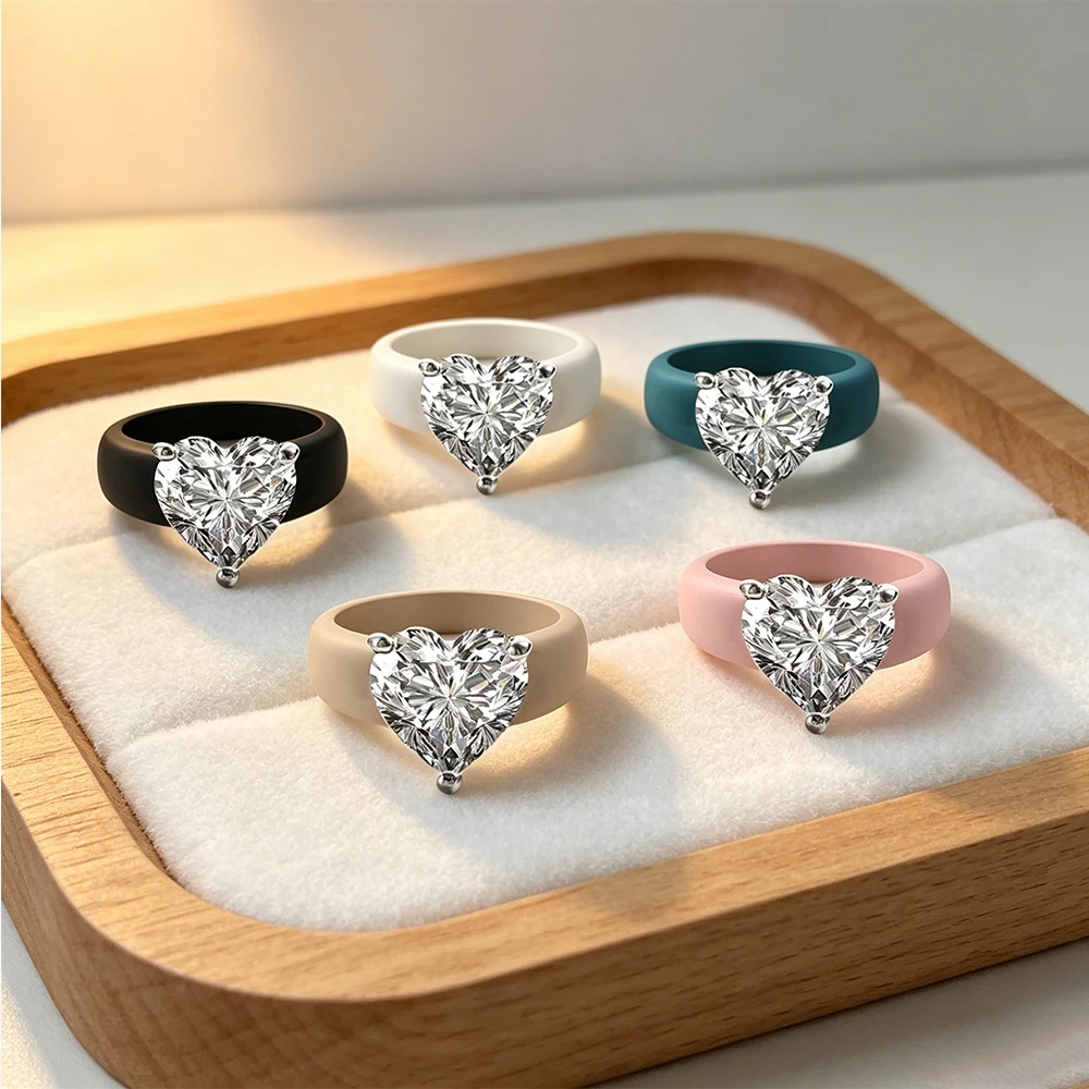 1pc Silicone Ring Holder Silver Three Claw Heart-Shaped Cubic Zirconia Ring, Minimalist Heavy Style, Sports/Valentine's Day/Part