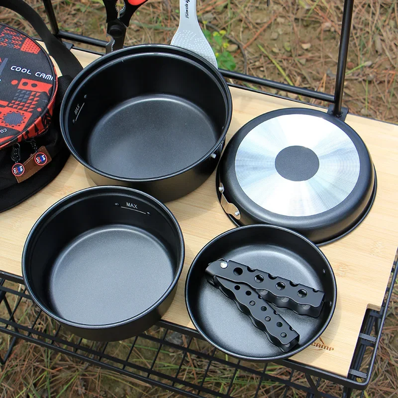 

Outdoor Camping Aluminum Alloy Pot Set Lightweight Portable Camping Pot Set Non-stick Coated Frying Pan with Picnic Utensils