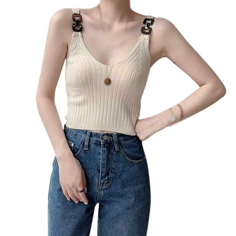 Korean Style Sexy Knitted Camisole Women's Solid Color Slim Fit V Neck Casual All-Matching Crop Top