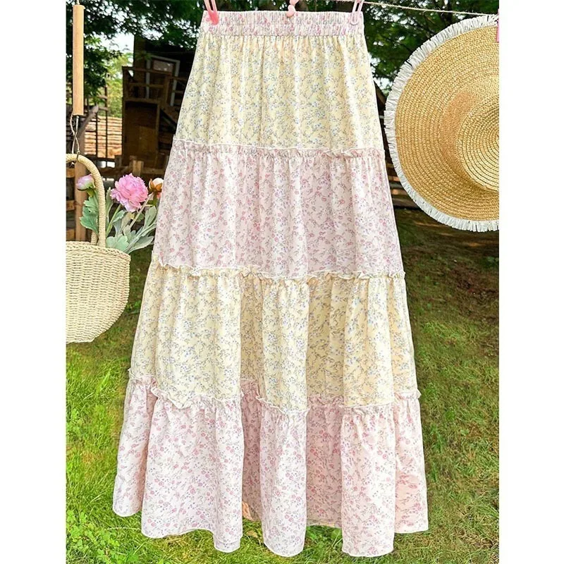 New European Pastoral Floral Long Skirt Women Elegant Draped A Line Maxi Skirt Summer Casual Bottoms