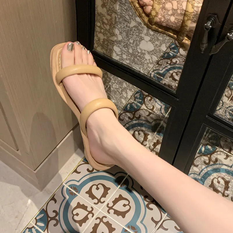 Women Mules Microfiber Basic Design Peep Toe Slip on Summer Thick Low Heels Concise Style Beauty Lady Sandals Women Ins 2024 New