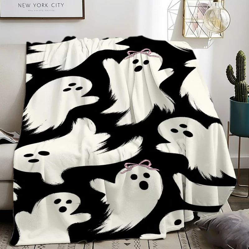 Grey Cat Witch Hat Ghost Pumpkin Halloween Throw Blanket Den Rest Corner Warm Blanket Guest Quarters Patio Sunroom Presents