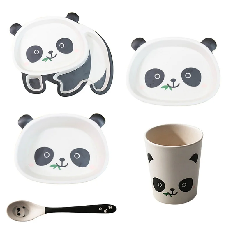 Panda Baby Tableware Safe Cartoon Toddler Bamboo Fiber Bowl Fork Cup Spoon Plate Kids Feeding Dishes Child Infant Dinnerware Set