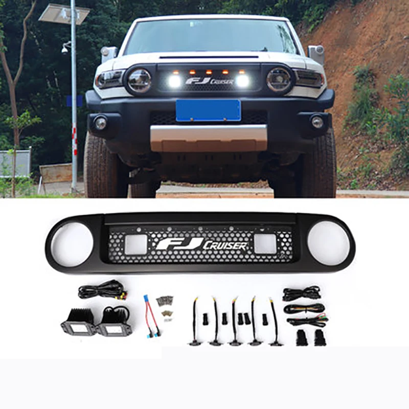 With Spotlight Racing Grills For Toy ota FJ Cruiser Front Grid Decoration Small Yellow Light Exterior Modification Accessories