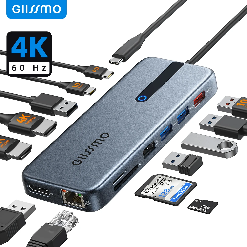 Giissmo USB C Hub 10Gbps USB 3.0 Docking Station Ethernet Multi-Port Adapter 4K 60Hz HDMI-compatible for MacBook Dell HP Laptop