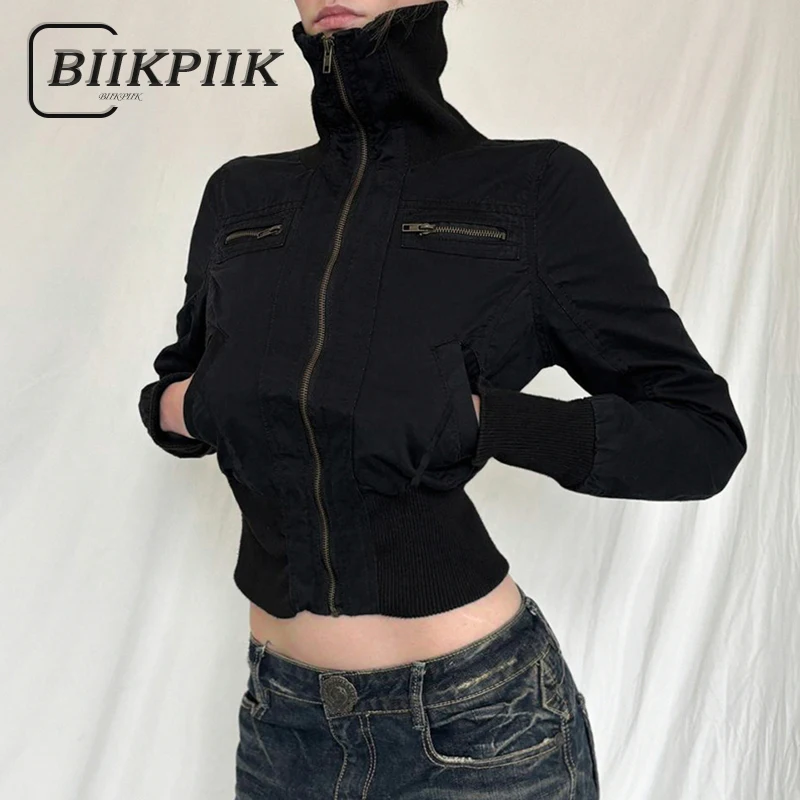 BIIKPIIK Autumn Zipper Jackets Casual Stand Collar Long Sleeve Slim Fit Women Coats Streetwear Girdling Wasit Black Jackets 2024