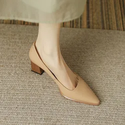Comemore Block Heels for Women Pumps Platform Pointed Shoes Slip on Black Nude Soft Leather High Heels Shoes Fashion Zapatos