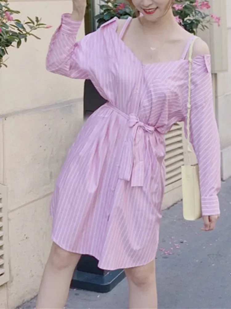 

Women Off-Shoulder Dress Pink Striped Long Sleeve Single Breasted Casual Female Mini Robe