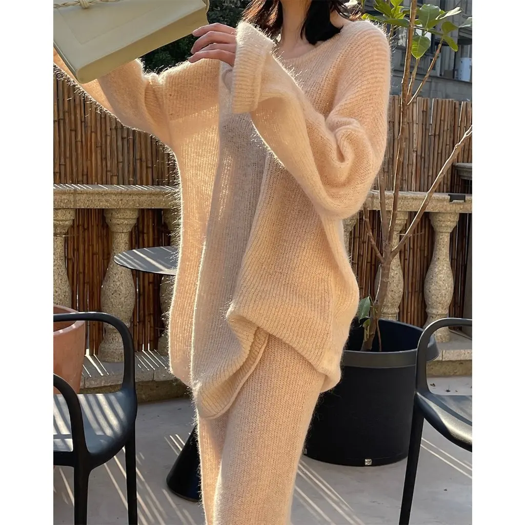 

Korean Lazy Style Mohair Crewneck Sweater for Women Heavy Spring Loose Soft Waxy Comfortable Casual Knitted Top