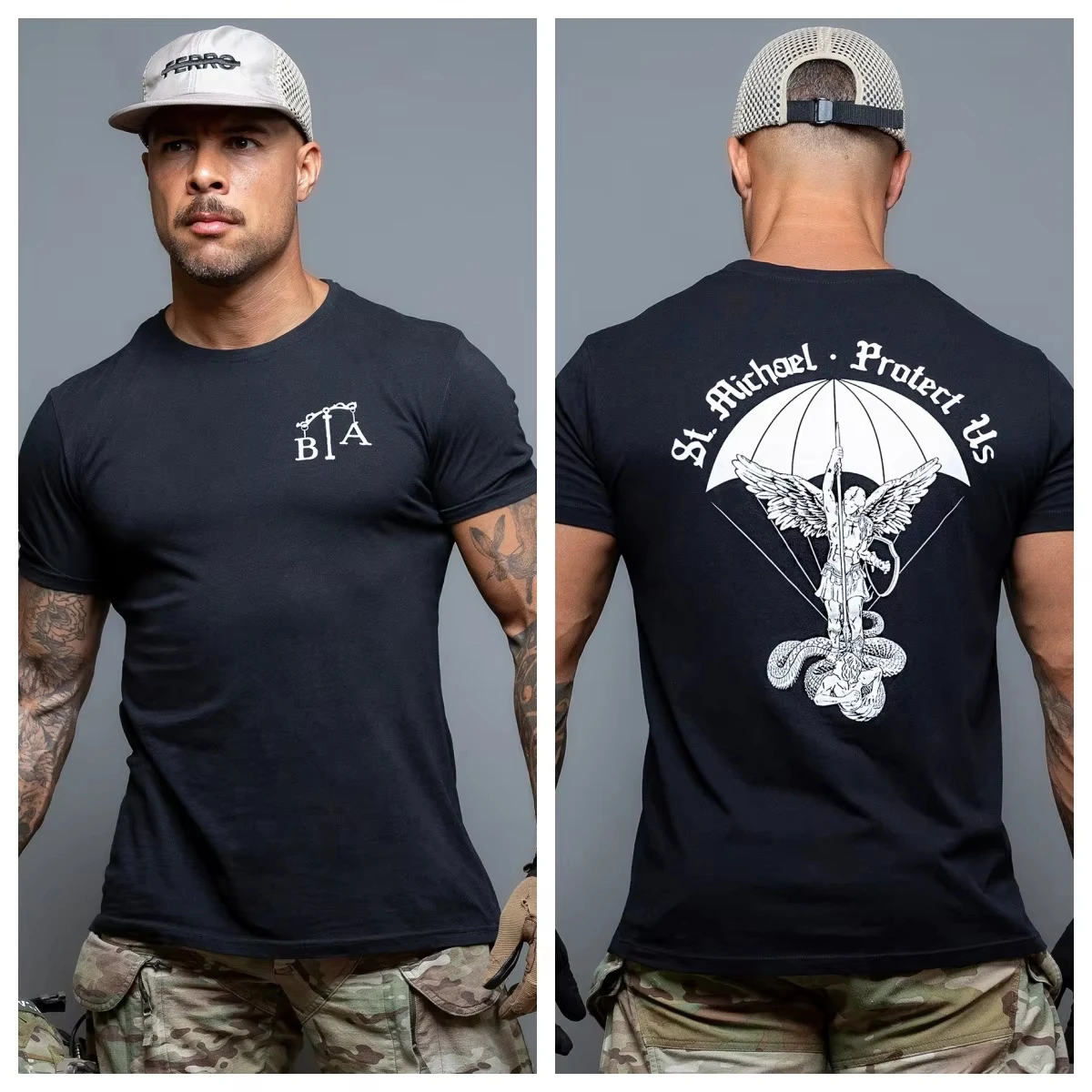 Vintage Engraving Saint Michael Warrior Angel Graphic T Shirt Double Chest Back BA Monogram Parasol Snake Print Faith