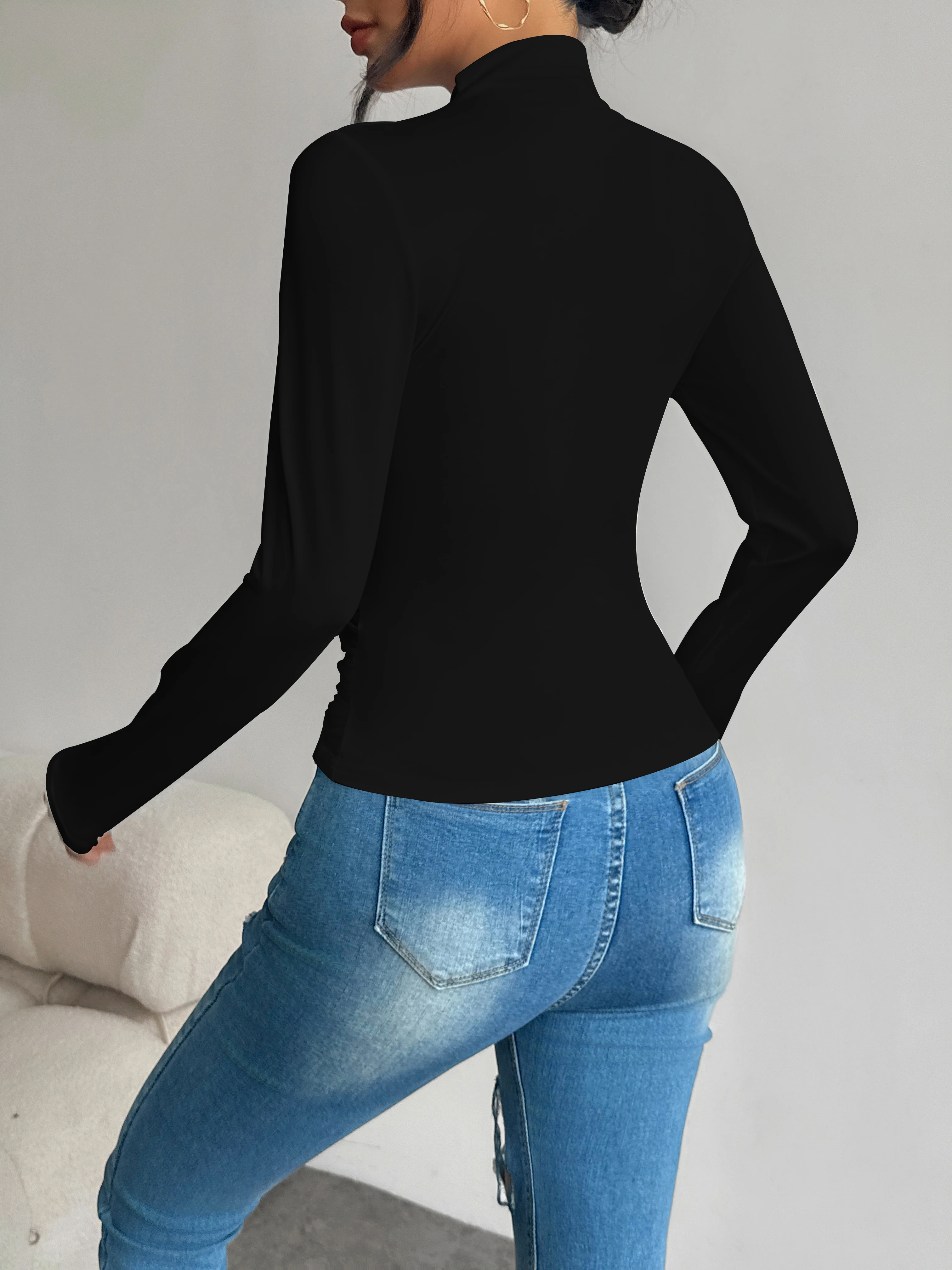 Halbhoher Kragen, plissierte Taille, schlank machendes, langärmliges Basic-Shirt für Damen, vielseitiges Oberteil für Frühling und Herbst. – Detail 18
