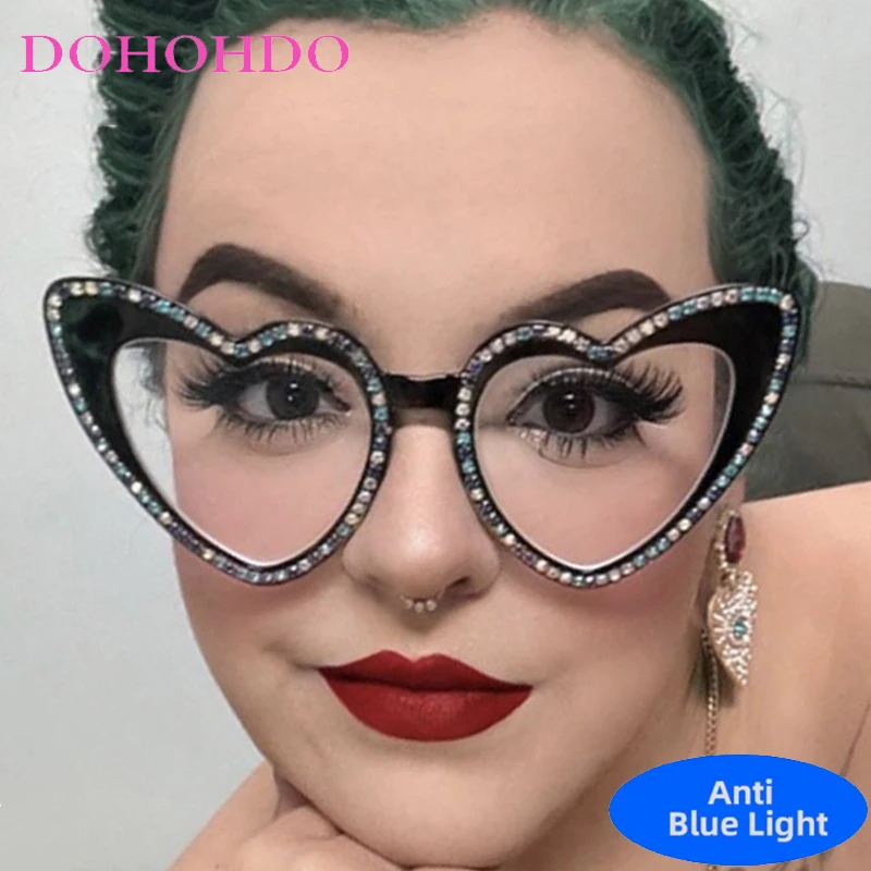 

Fashion Trendy Brand Designer Rhinestone Heart Shape Anti Blue Light Glasses Luxury Eyeglasses Men Women For Office Work Lentes