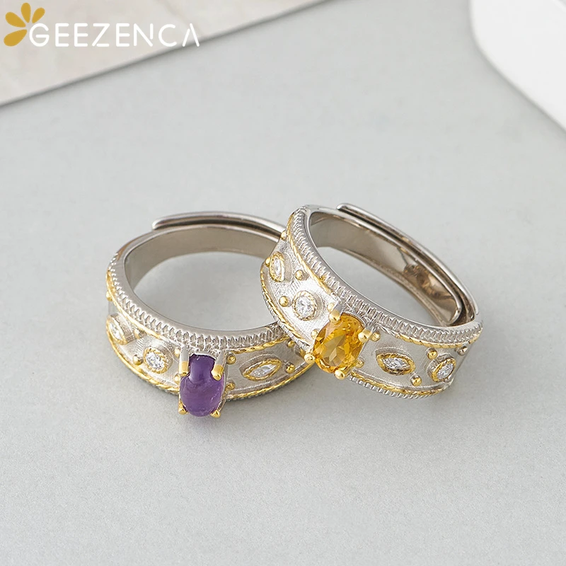 GEEZENCA Natural Amethyst Citrine S925 Silver Two Tone Wide Rings For Women Zircon Purple Yellow Stone Luxury Chic Ring 2024 New