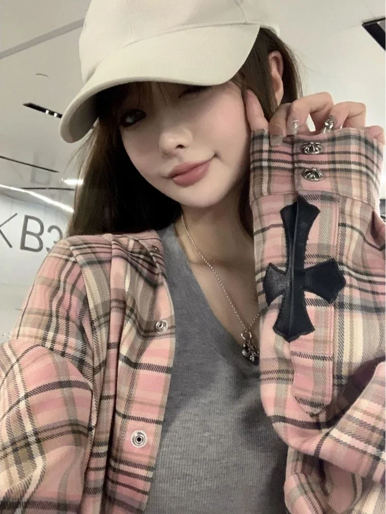 ADAgirl Pink Plaid Shirt Women Cross Button Up Blouses Female High Street Long Sleeve Tops Hippie Autumn Oversize Streetwear Ins