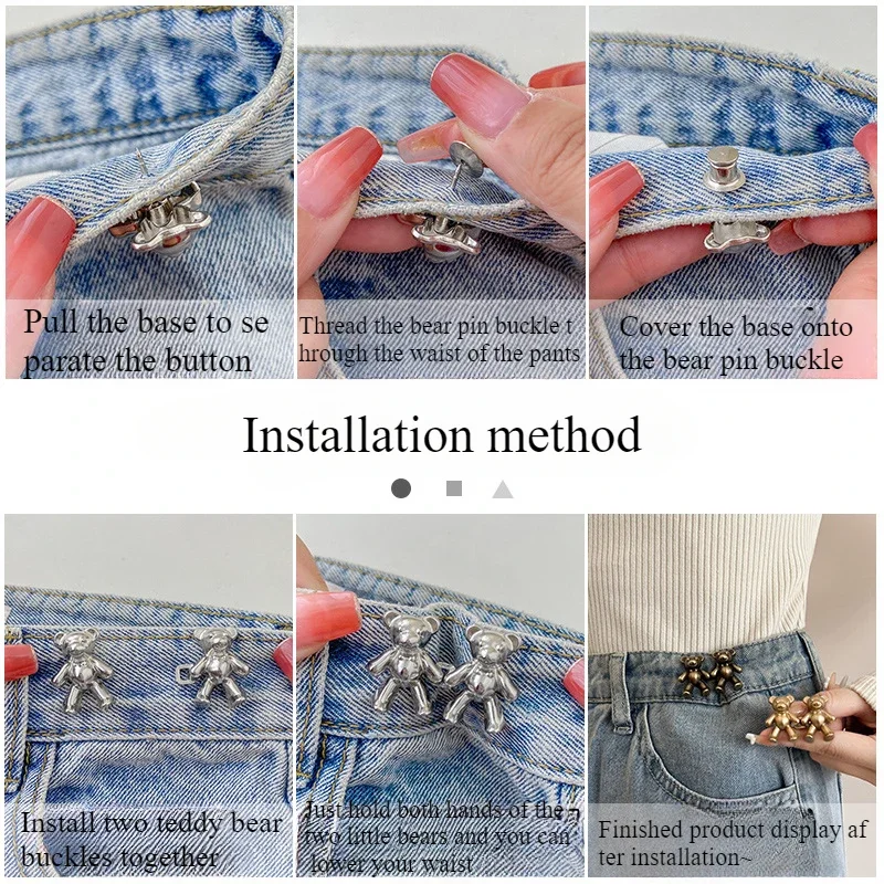 A Reusable Metal Button with A Small Bear Flower Pattern Detachable and Closed Invisible Buckle Adjustable Belt Clip Women