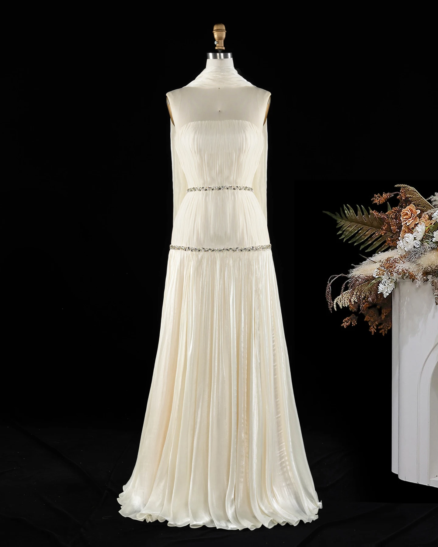 Sharon Said Evening Dress Simple A-Line Beige Chiffon Strapless Pleated Crystal Elegant Dubai Formal Party Gown SF232 Customized