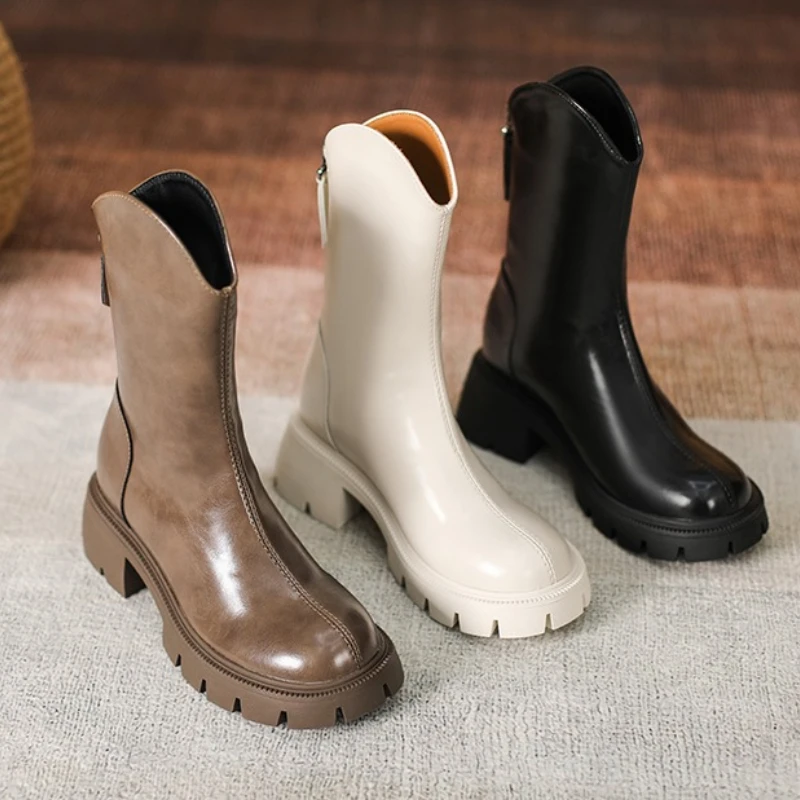 Botas de mujer, zapatos de plataforma cómodos, botines de moda para mujer, tacones gruesos, zapatos de tacón para mujer de alta calidad