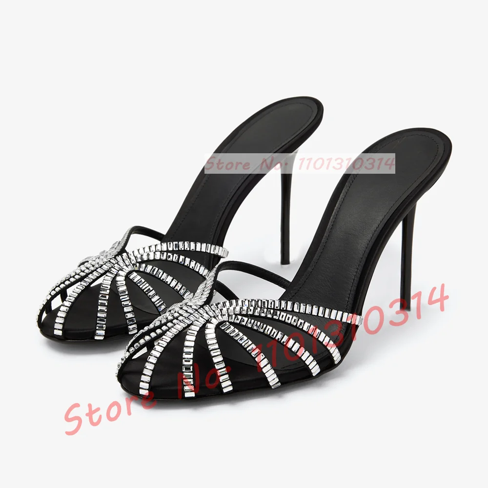 Zapatillas de seda de tacón alto con piedras preciosas, tacones de aguja enjaulados de lujo para mujer, zapatillas metálicas, zapatos de verano con correa cruzada elegante para mujer