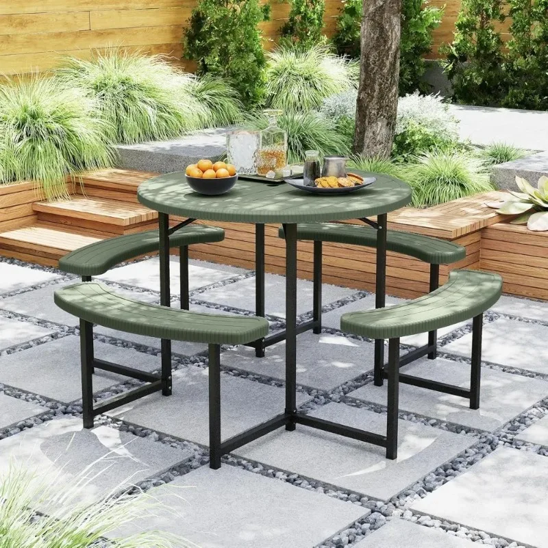 Picnic Table and Chair Set for 4-8 People, 37-inch Round Outdoor Table with Umbrella Holes