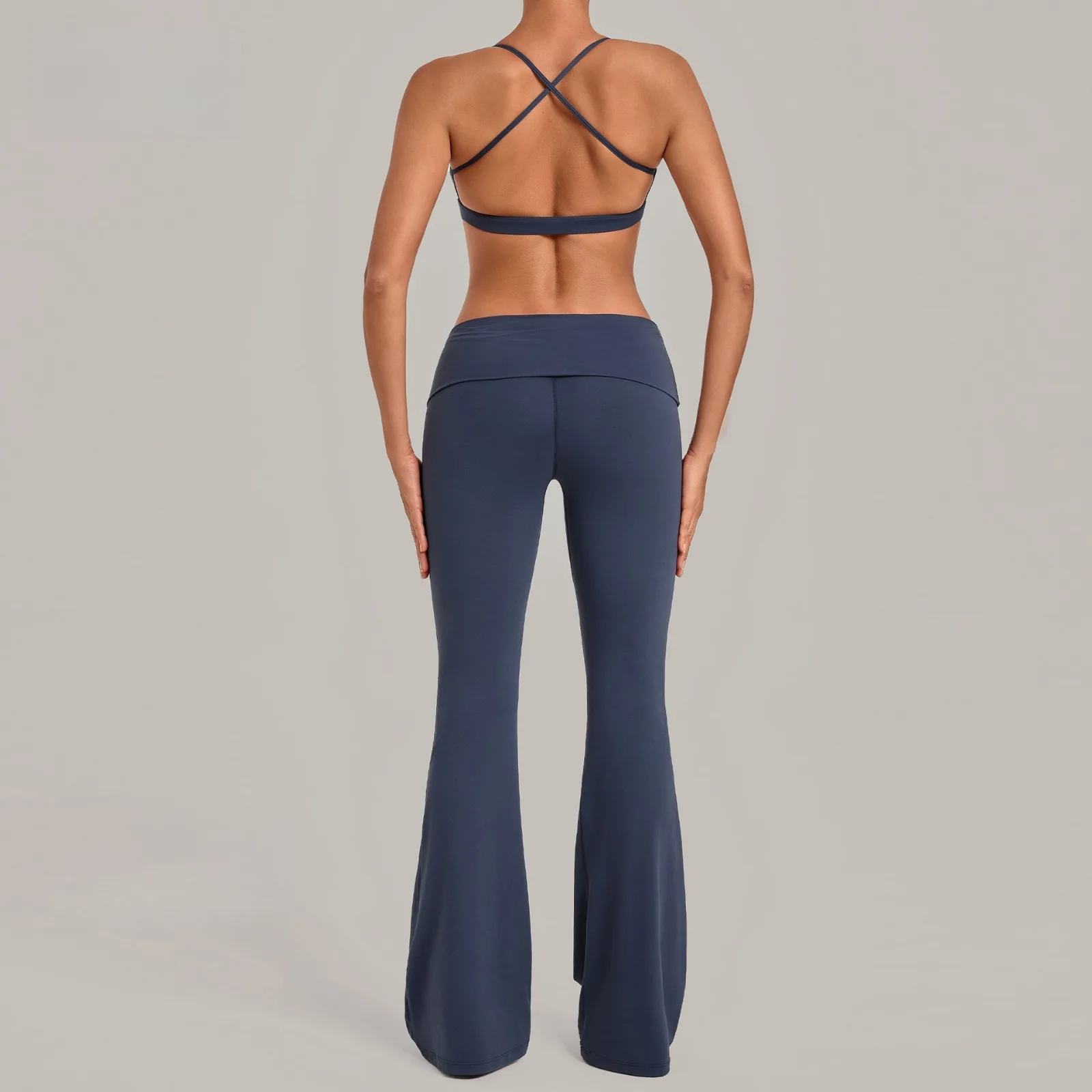 Yoga Outfit Sets Women Flare Leggings with Criss-cross Back Sports Bra High-waisted Fold-over Waistband Gym Workout Sportswear