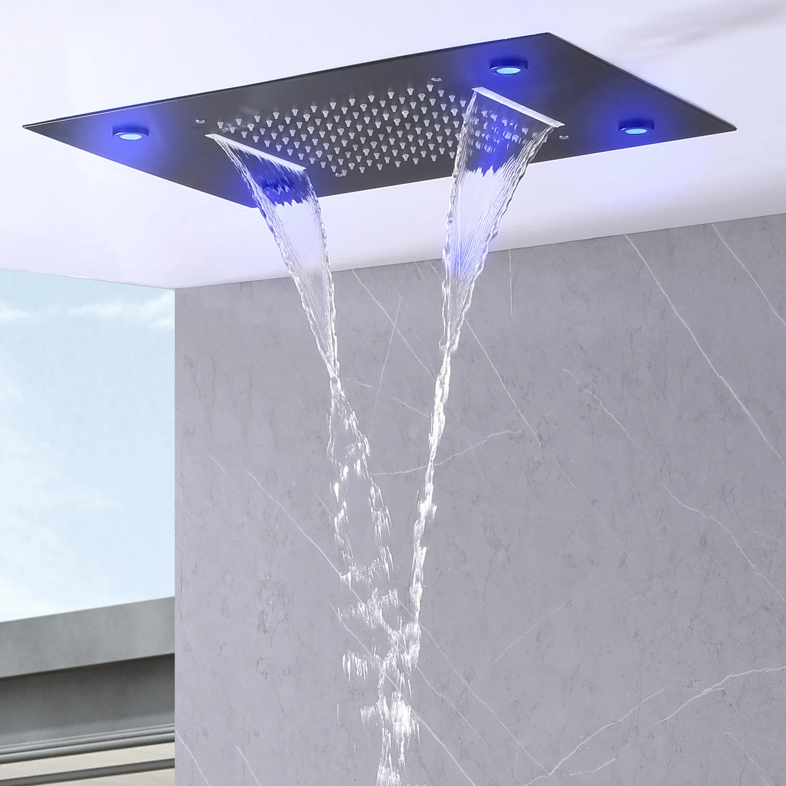 Brushed Black LED Wall Mount Shower System Thermostatic Valve Multi-Mode Rain Massage Hotel Bathroom Shower Faucet Set