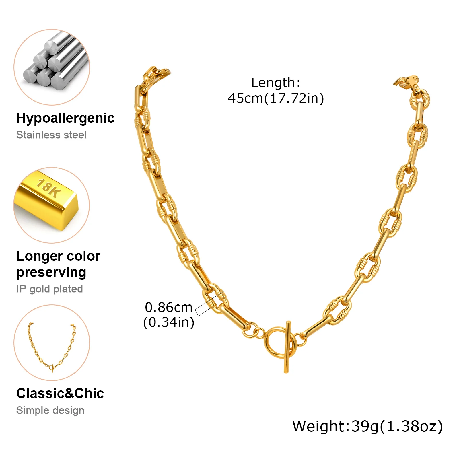 Minimalist 18K Gold Plated Stainless Steel OT Buckle Chain Necklace for Women Chunky Thick Link Choker Classic Statement Jewelry