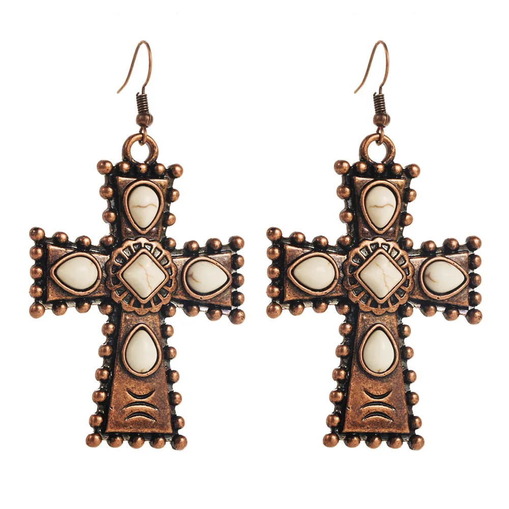 Long Vintage Ball Earrings Retro Western Style Earrings Turquoise Water Drop Cross Style Exaggerated Stud Earrings 617