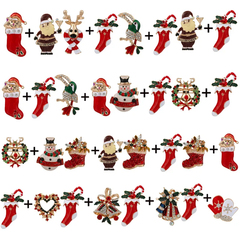 

2Pc/lot Xmas Red Enamel Long Stockings & Bell & Elk Christmas Fashion Brooch Pin For Women Winter Style Coat Corsage New Arrival