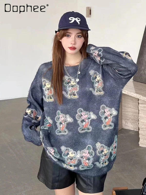 Heavy Industry Cartoon Hot Diamond Round Neck Long Sleeve Knitted Sweater Korean Version Loose Outer Wear Pullover Sweater Women