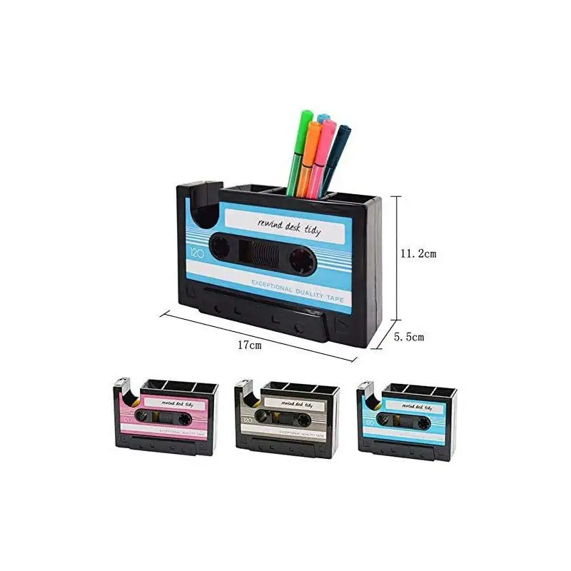 （NEW）2 In 1 Multifunctional Pen Holder Creative Office Desk Stationery Organizer Retro Cassette Tape Dispenser Pen Holder Gift