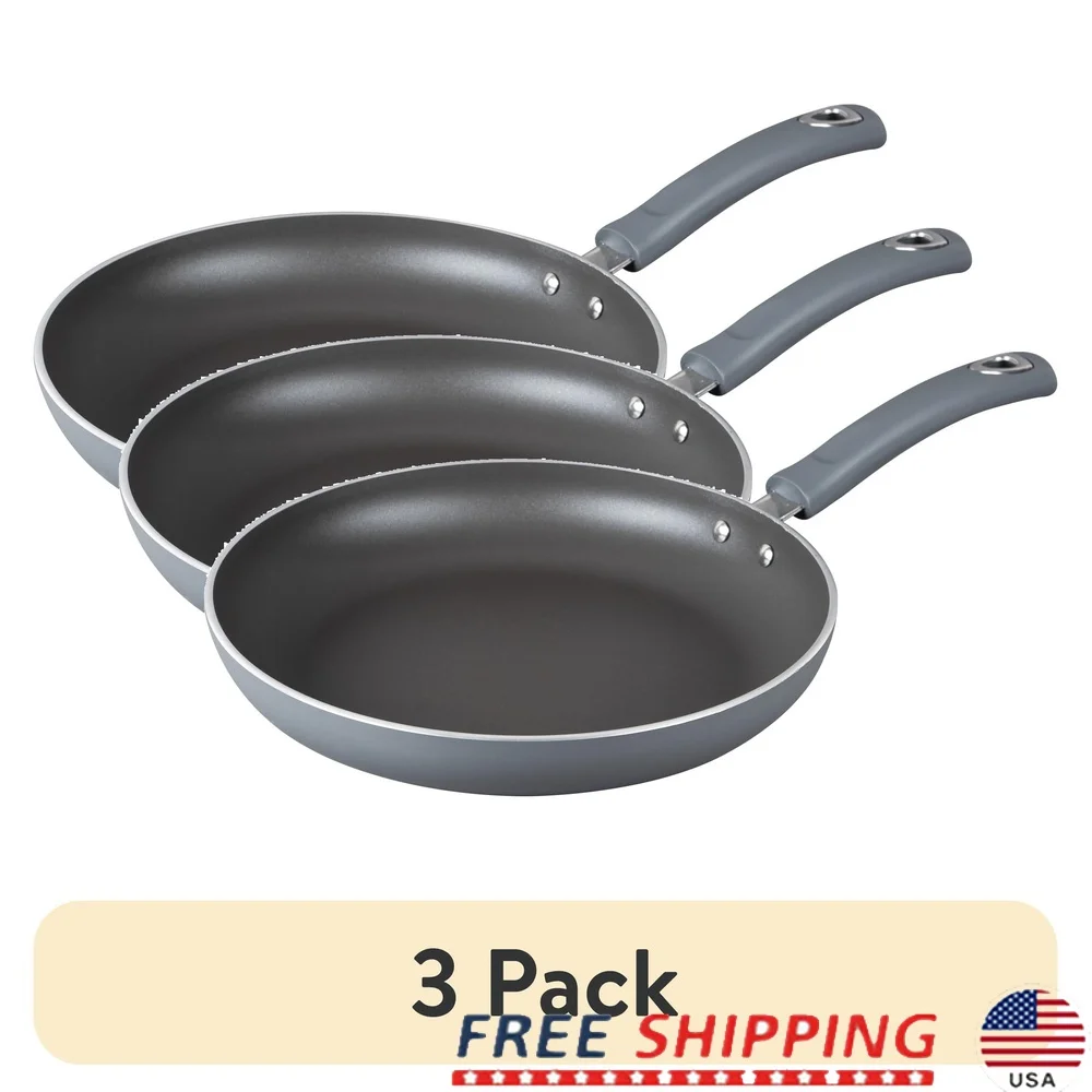 

3 Pack Non-Stick Aluminum Skillet Easy Cleanup Dishwasher Safe Soft Anti-Slip Handle Even Heat Distribution Perfect Cooking
