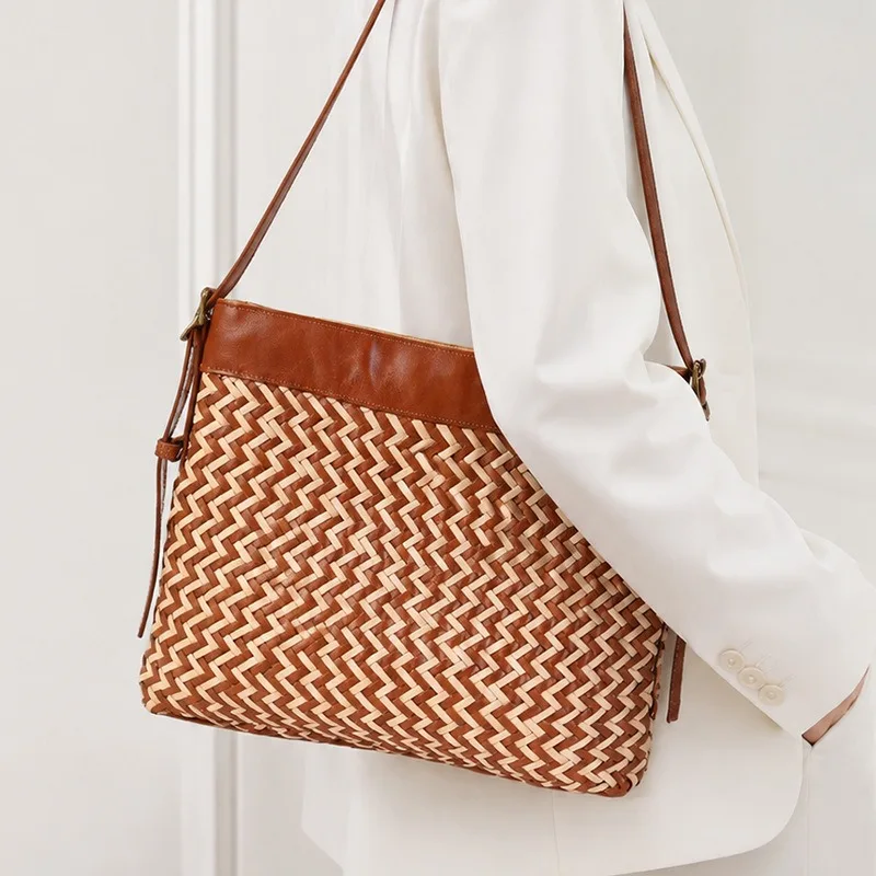 Vintage Work Shoulder Bag for Women Genuine Leather Handwoven Colorblock Convertible Crossbody Strap Luxury Handbag