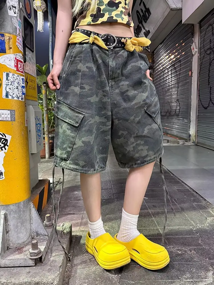 High Quality Large Pocket Design Camouflage Loose Denim Short Women's Summer Street Cargo Shorts Young Girl Bottom Female Pants