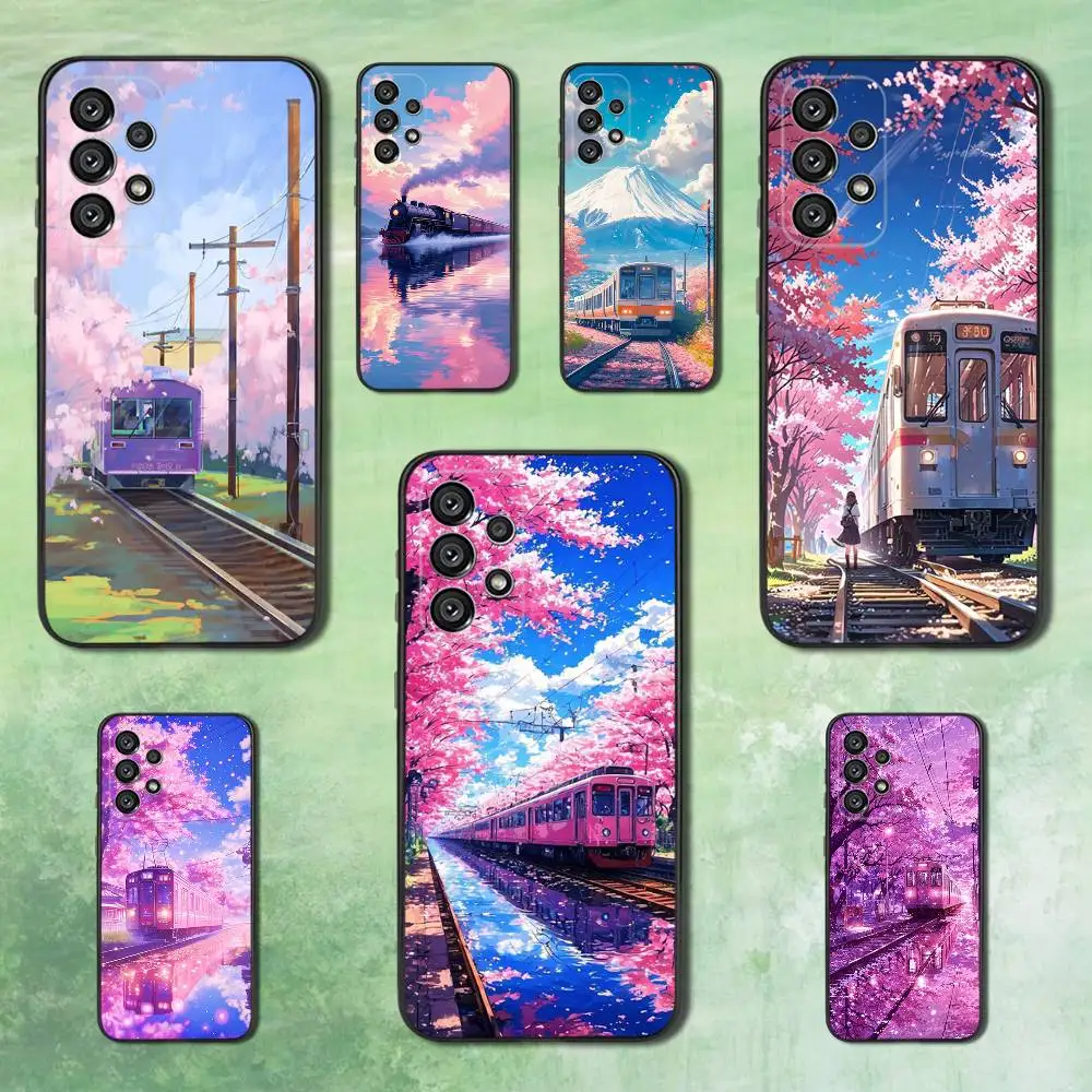 

Cherry Art Blossom Train Phone For Samsung Galaxy A53,31,52,72,41,22,73,32,71,Note,J7,8,9,5G Soft Black Silicone Case