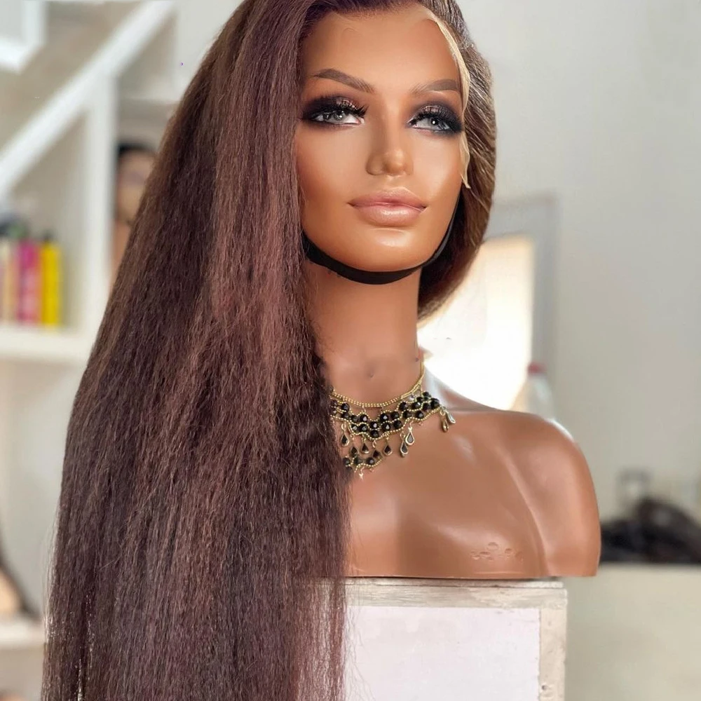 Yaki Мягкий Коричневый Кудрявый Прямой Парик 180 Плотность 26 Дюймов Длинный Парик Фронта Шнурка Для Чернокожих Женщин С Волосами Младенца Предварительно Сорванные Бесклеевые Ежедневно
