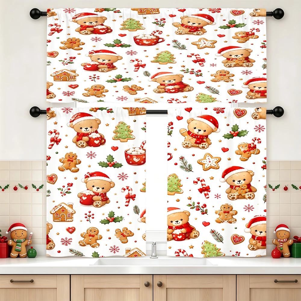 Christmas Winter Kitchen Curtains, Teddy Bear Gingerbread Candy Cane, Digital Print, Kitchen Dining Room, Rod Pocket Polyester