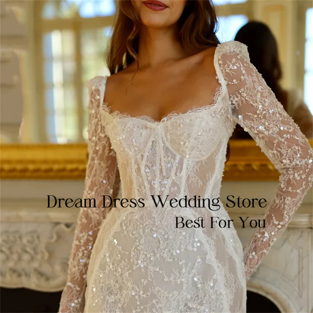 Prachtige korte trouwjurk kant lange mouw vierkante kraag open rug vetersluiting schede bruidsjurk vestido de novia aangepast