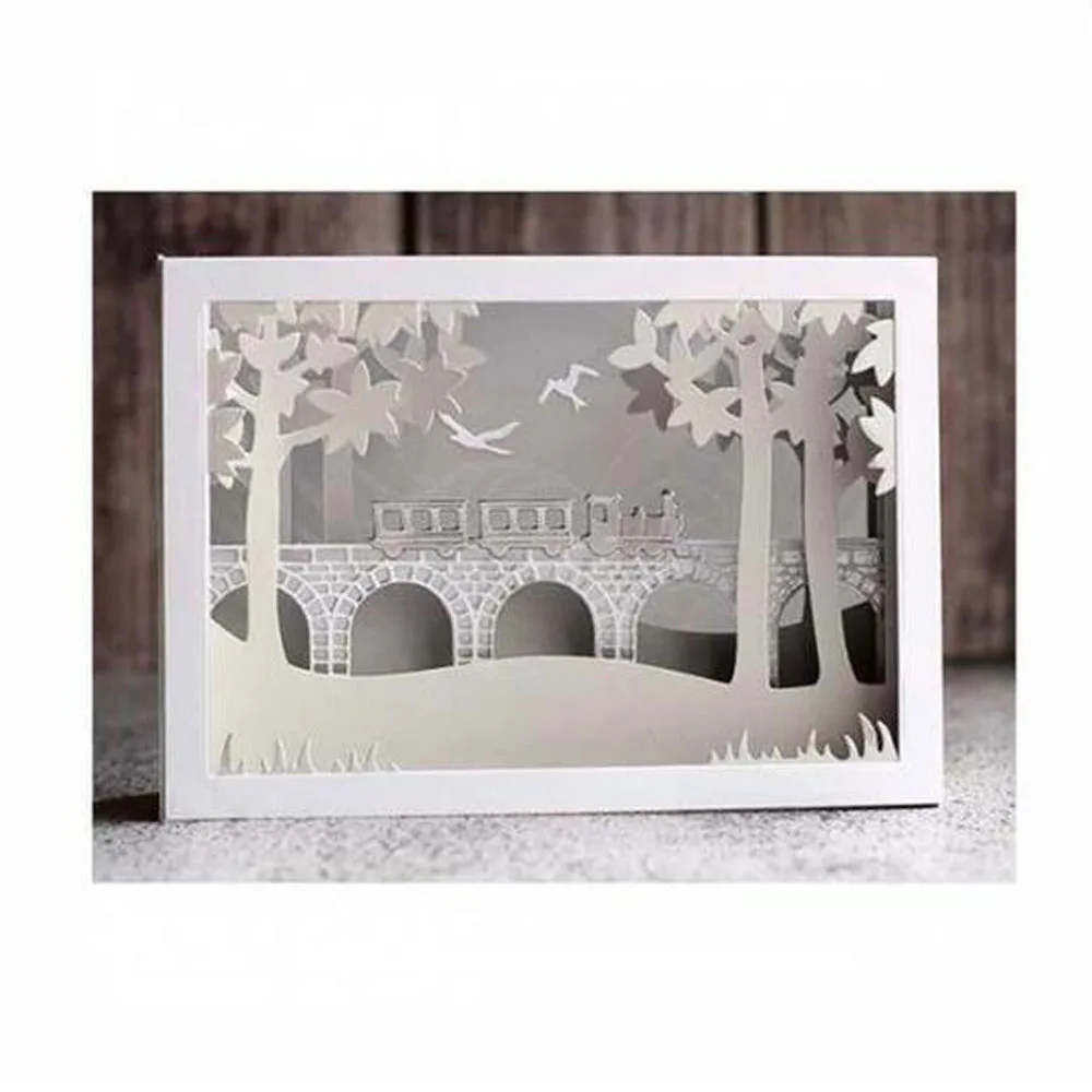 Tea Cup Lace Bag Train Bridge Pier Pond Rain Background Hunter And Dog Metal Cutting Dies DIY Scrapbooking Decorative Embossing