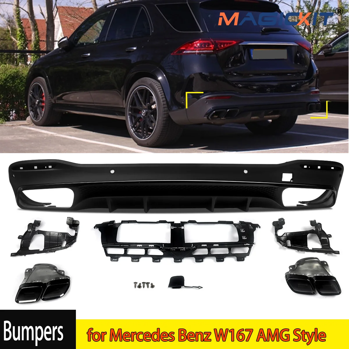 GLE63/53 Look Rear Bumper Diffuser for Mercedes Benz W167 AMG Style Rear Diffuser+Tailpipes 2020+ Glossly Black