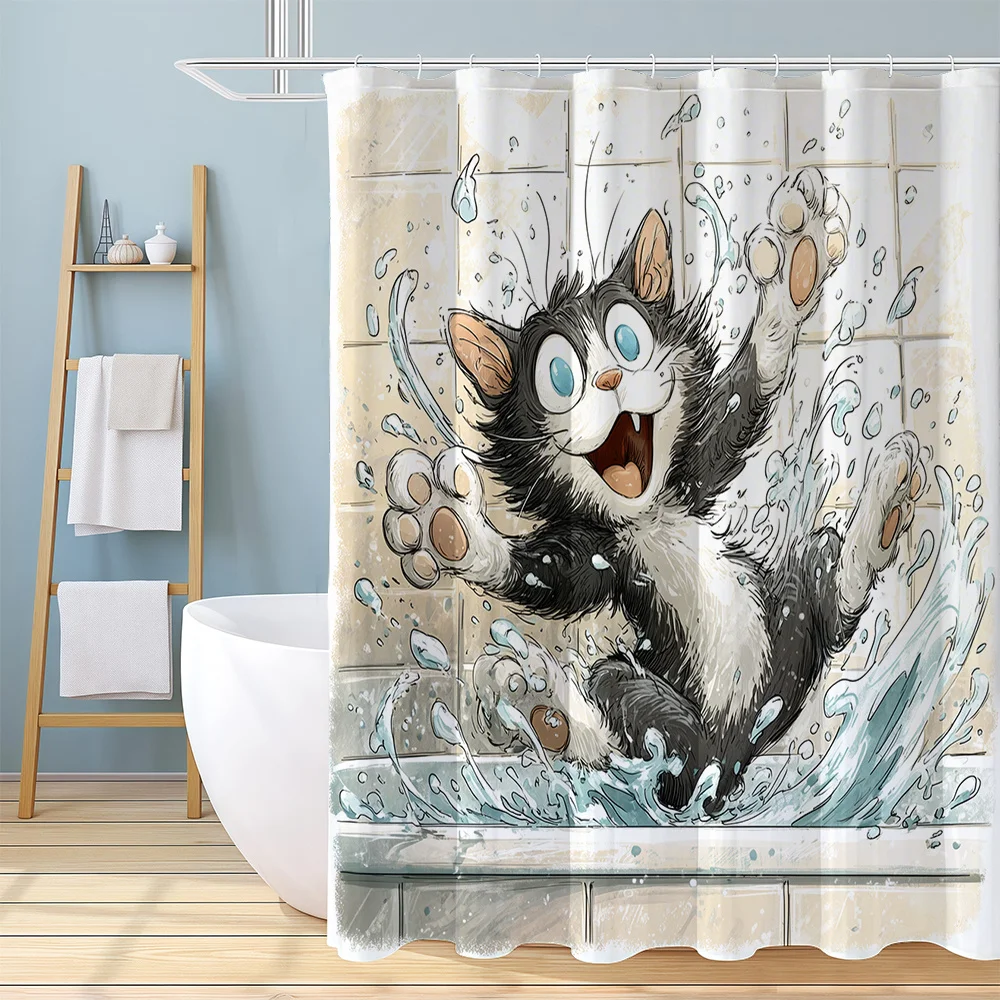 1 - Piece Black and White Kitten Playing with Water Pattern Printed Shower Curtain, Vivid Cartoon Art Style Home Decor Bathroom