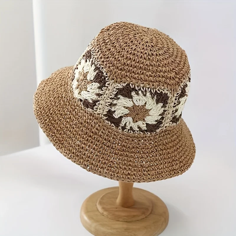 Sommer-Strohhut mit gewebter Blumendekoration, Sonnenhut, Bohemia-Strand-Urlaubshut, faltbar, tragbar, Sonnenschutzhut für Damen, Reisen – Detail 9