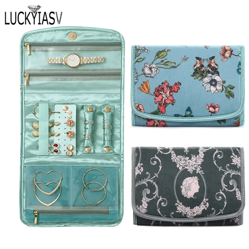 Retro Luxury Travel Jewelry Organizer Roll Foldable Jewelry Case for Journey-Rings Necklaces Jewerly Storage Bag