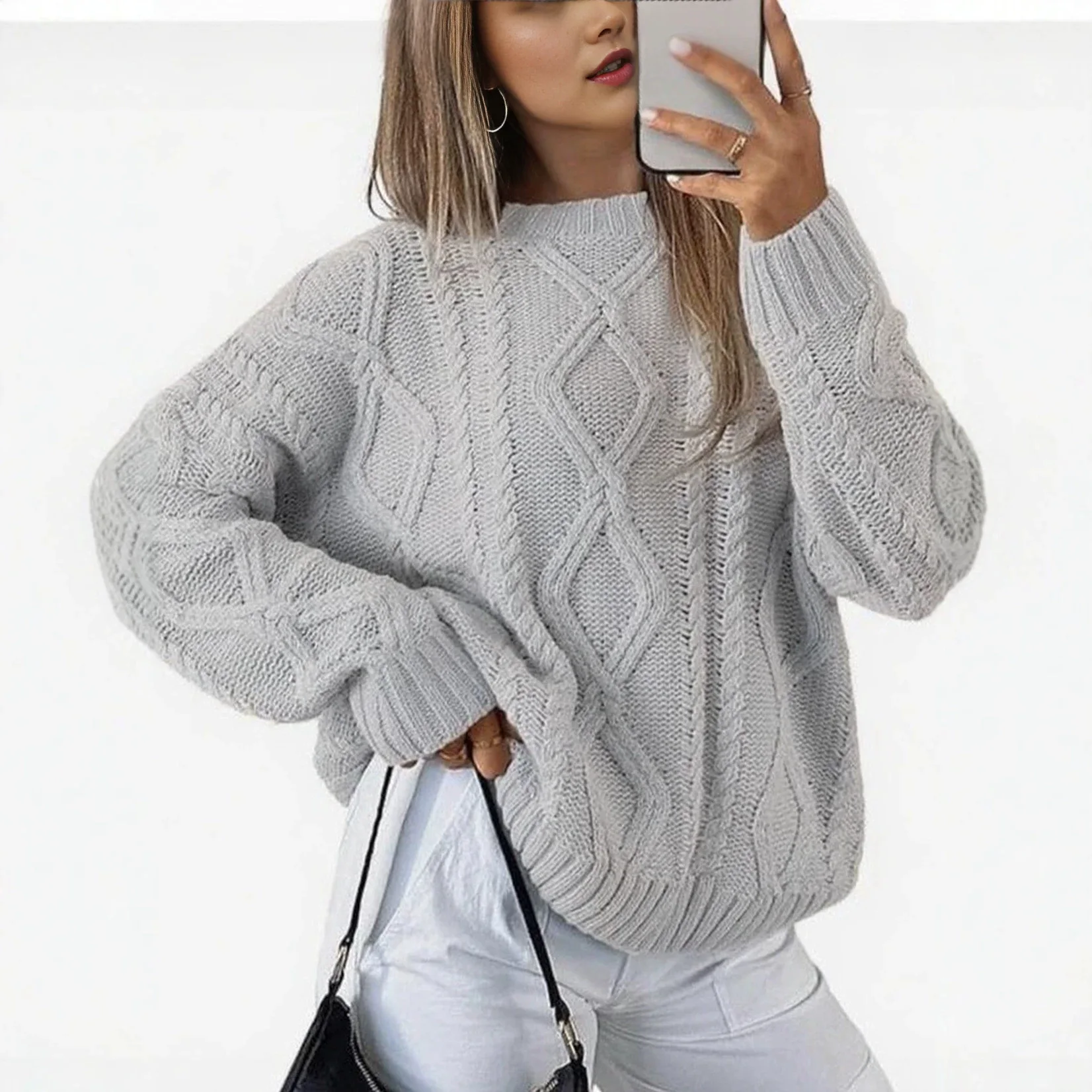 Y2K Streetwear Women Cable Knit Sweater Casual Crewneck Oversized Loose Long Sleeve Jumper Autumn Winter 2026 New Minimalist 5