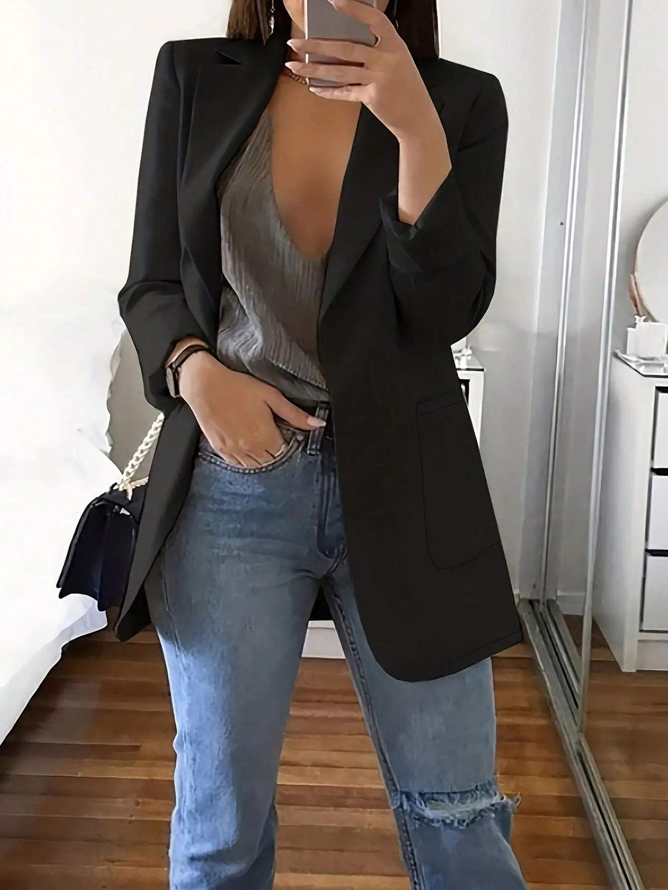 

Women's Black Slim Fit Blazer Jacket with Lapel Collar, Casual Office Wear for Spring Autumn