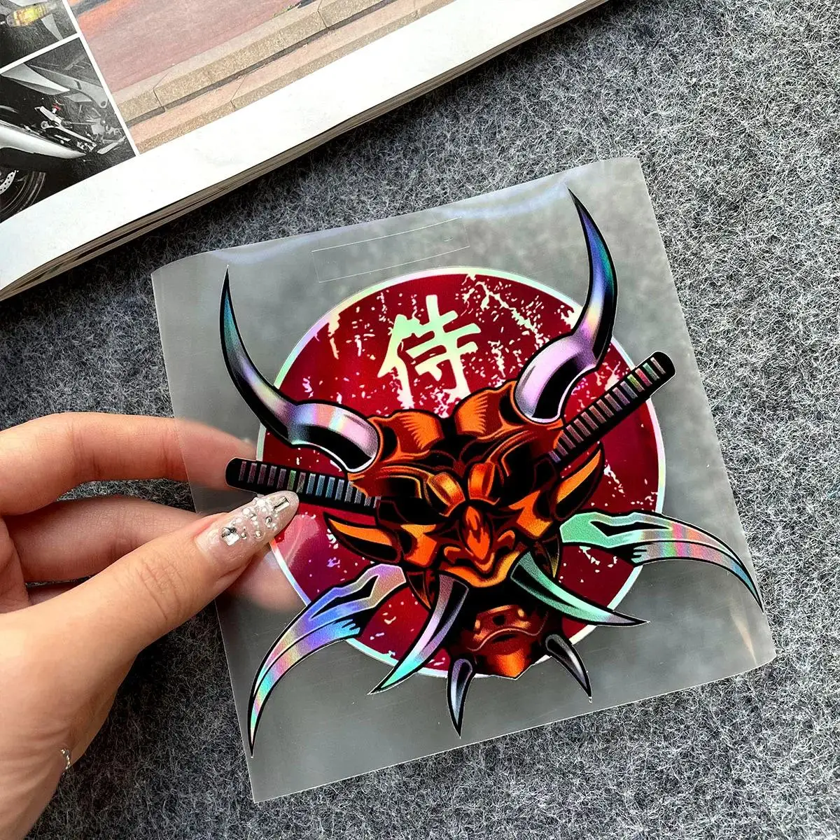 Holographic Samurai Oni Mask Vinyl Sticker, Waterproof Decal for Motorcycle Helmet Fuel Tank Car Window Fender