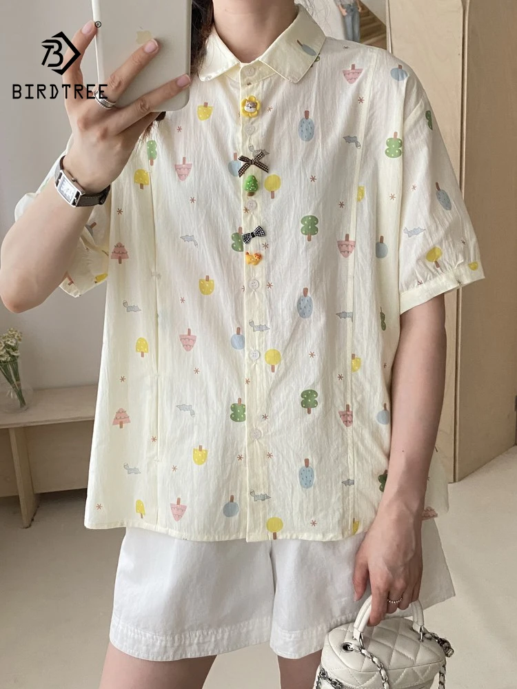 

Новая летняя женская хлопковая рубашка с коротким рукавом 2026 года, с отложным воротником и мультяшным принтом, в стиле Mori Girl, с милым бантом, свободная блузка в стиле преппи T64420CC