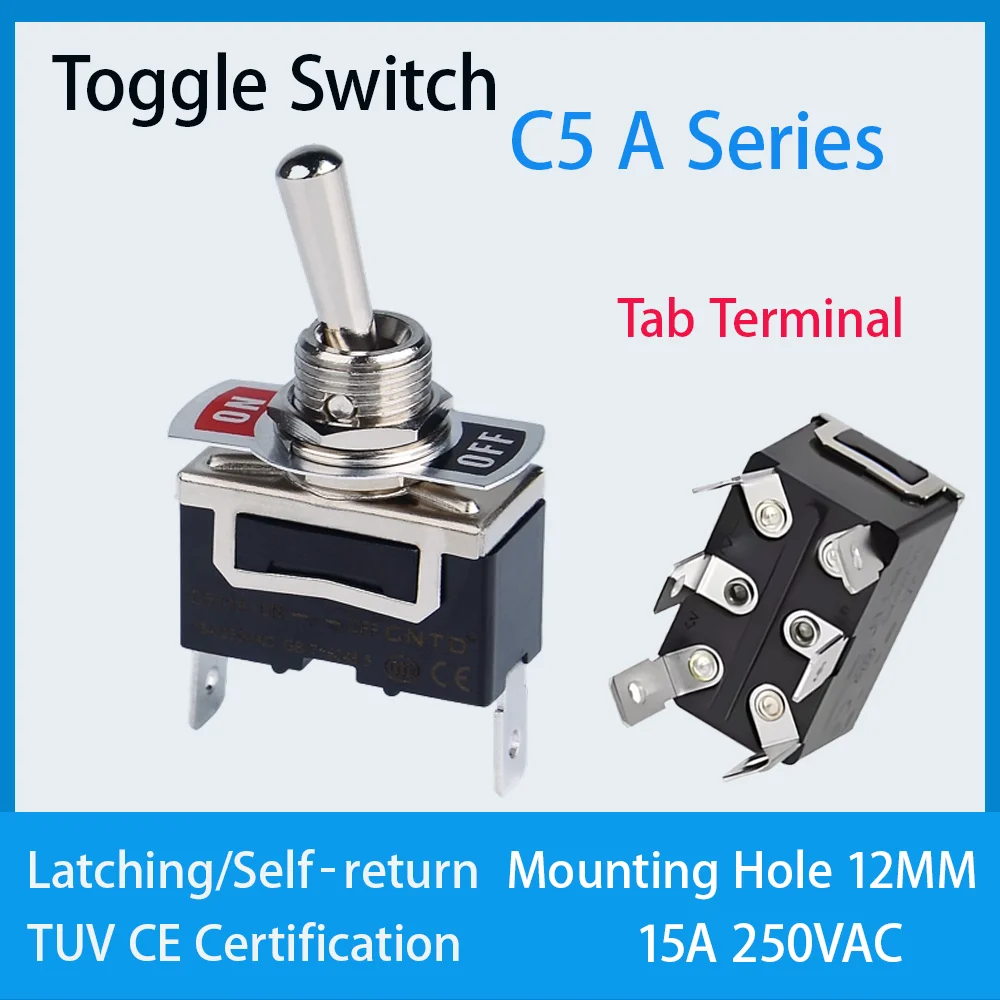 CNTD C5 C5R  Mini Toggle Switch Quick Terminal SPDT SPST 15A 250V ON-OFF ON-ON Self Locking Momentary Switch 12mm Panel Mount