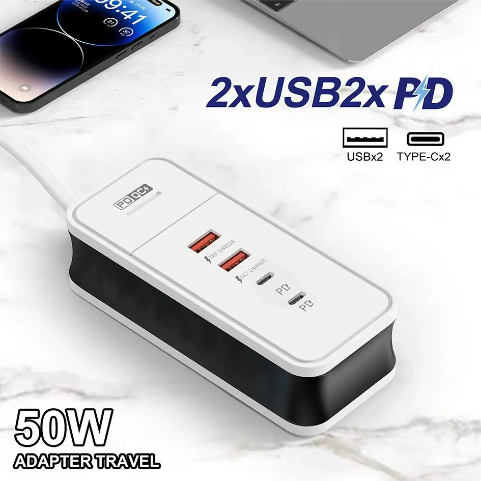 4 Ports 2USB 2PD Charging Station Multiports Hub Charger Type C Power Strip Socket Chargers for IPhone Samsung Xiaommi Tablet