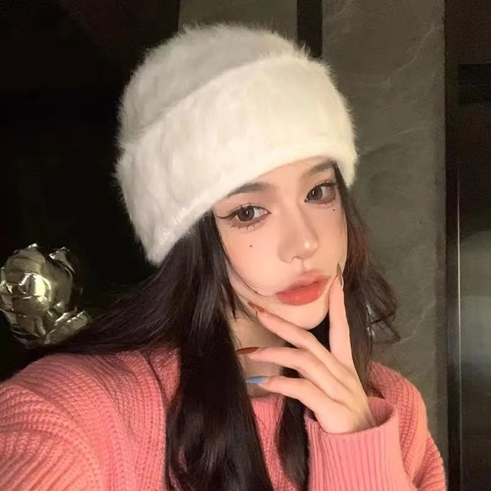 Fashion Solid Color Slouchy Beanie Hat Y2k Rabbit Fur Winter Knitted Cap Ribbed Flexible Ear Protection Skullcap Women